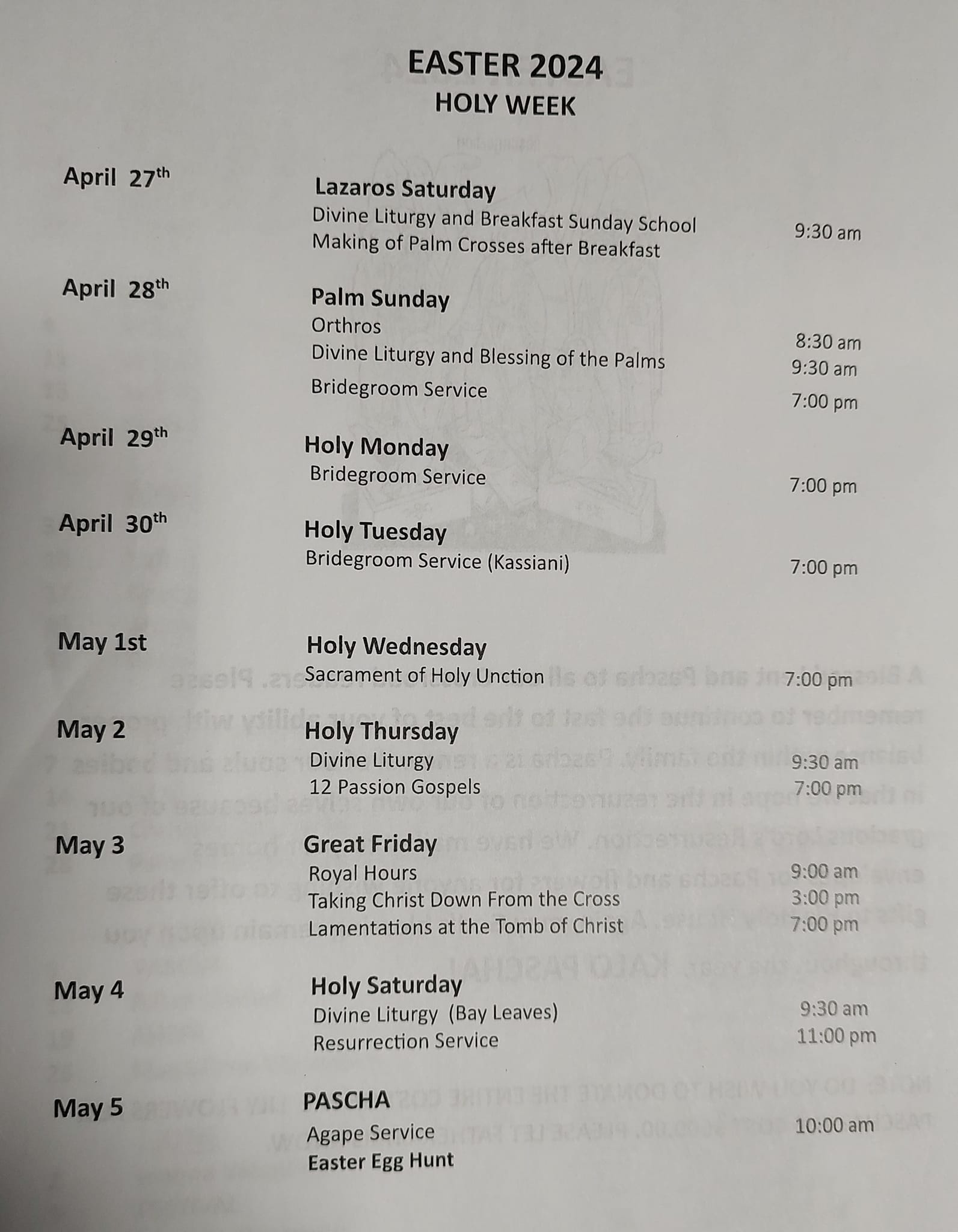 Holy Week Schedule 2024